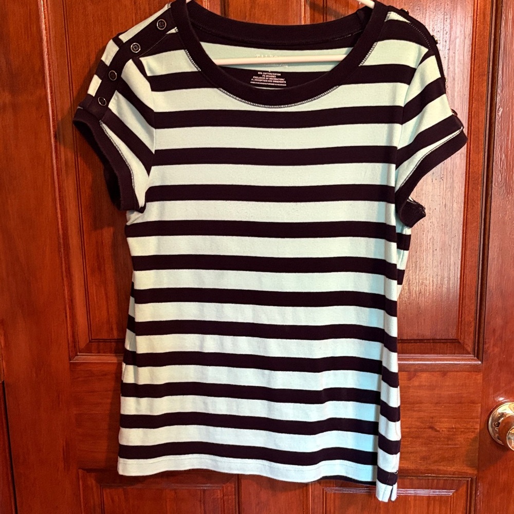 Talbots navy and mint green Striped Short Sleeve Top. Size large